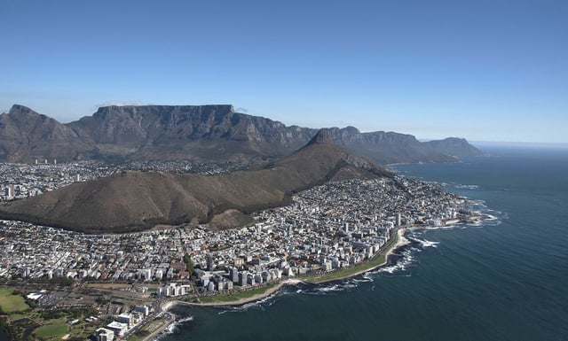 Aerial view of Sea Point and Bantry Bay coastline in Cape Town, South Africa.