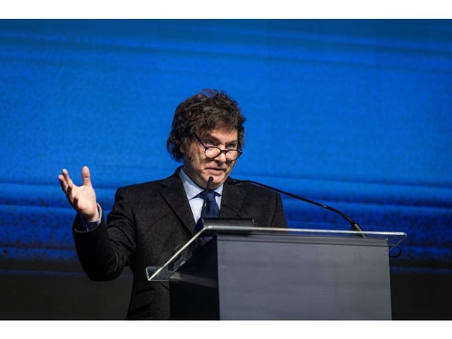 Javier Milei speaks in Balneario Camboriu, Brazil on July 7. Photographer: Arthur Menescal/Bloomberg