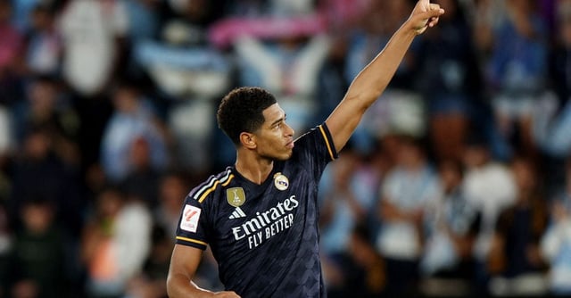 Soccer Football - LaLiga - Celta Vigo v Real Madrid - Estadio de Balaidos, Vigo, Spain - August 25, 2023 Real Madrid's Jude Bellingham celebrates after the match REUTERS/Violeta Santos Moura