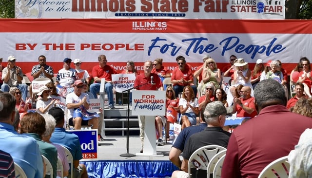 Illinois Republican Party Chairman Don Tracy speaks Thursday during the Republican Day rally at the Illinois State Fair.