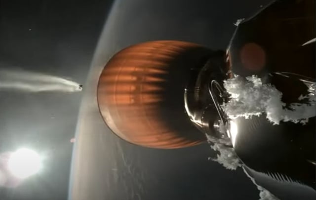 A view from the Falcon 9 upper stage's rocket-cam shows ice forming around the engine hardware. (Credit: SpaceX via YouTube)