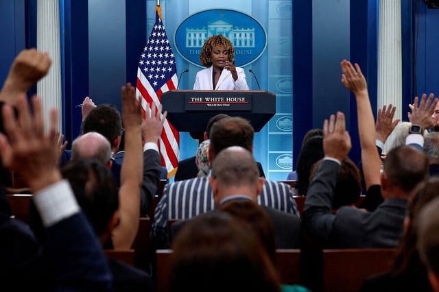 White House press secretary Karine Jean-Pierre fields questions from reporters during the press briefing at the White House in Washington, July 8, 2024.