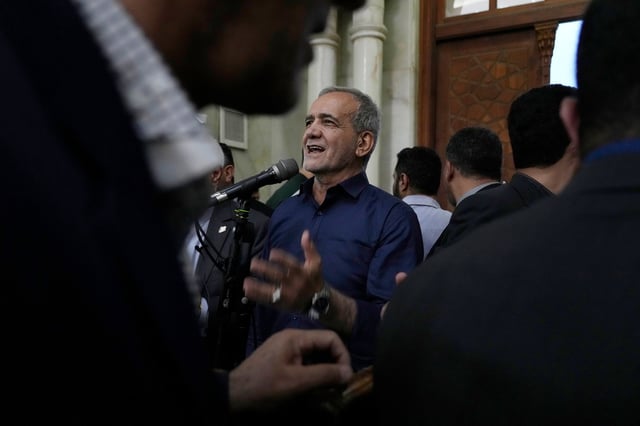 Iran's President-elect Masoud Pezeshkian speaks in a meeting, a day after the presidential election, at the shrine of the late revolutionary founder Ayatollah Khomeini, just outside Tehran, Iran, on July 6, 2024.