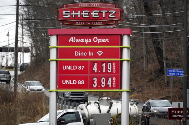 These are the gas prices at a Sheetz store in Sewickley, Pa., Monday, March 7, 2022. (AP Photo/Gene J. Puskar)