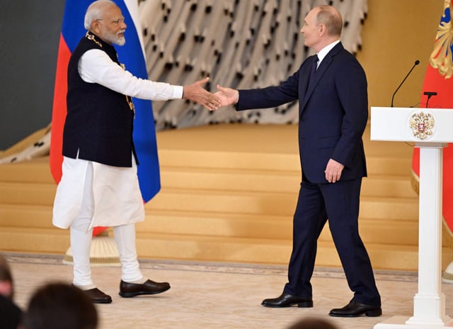 Indian Prime Minister Narendra Modi and Russian President Vladimir Putin pictured in Moscow on July 9. Photo: Sipa US / Alamy