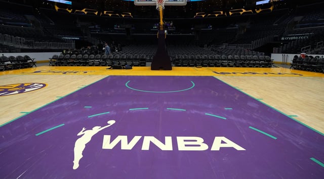 Jul 9, 2024; Los Angeles, California, USA; The WNBA logo on the court at Crypto.com Arena. Mandatory Credit: Kirby Lee-USA TODAY Sports