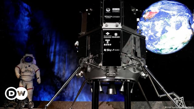 A model of the lander in HAKUTO-R lunar exploration program by "ispace" is pictured at a venue to monitor its landing on the Moon, in Tokyo, Japan, April 26, 2023.