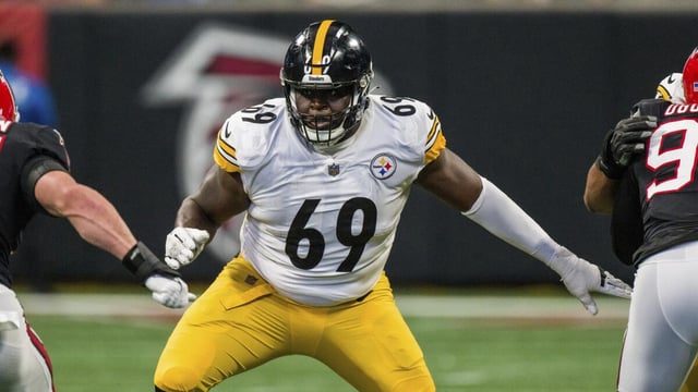 Pittsburgh Steelers guard Kevin Dotson (69) works during the first half of an NFL football game.