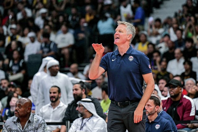 Team USA coach Steve Kerr instructs his players during their friendly against Australia at Etihad Arena in Abu Dhabi on July 15, 2024.