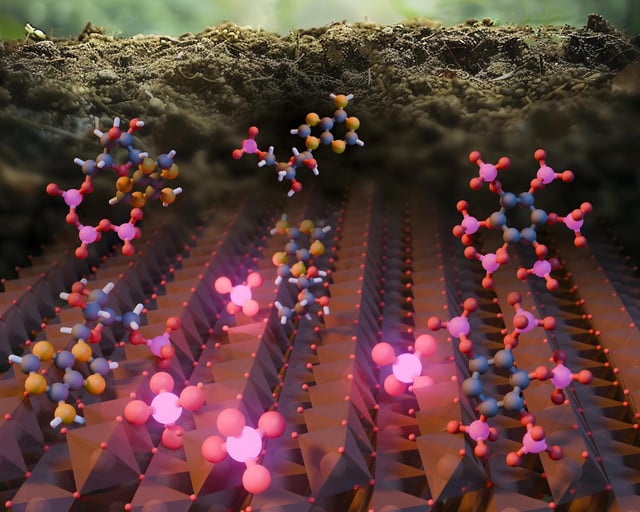 Illustration of phosphorus cleavage from different biomolecules on the surface of natural iron oxide particles. Credit: Aristilde Research Group/Northwestern University