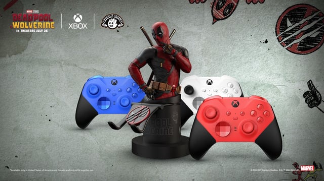 Pictured are Xbox Elite Wireless Series 2 Controllers and an exclusive Cable Guys Deadpool Controller Holder by EXG Pro.