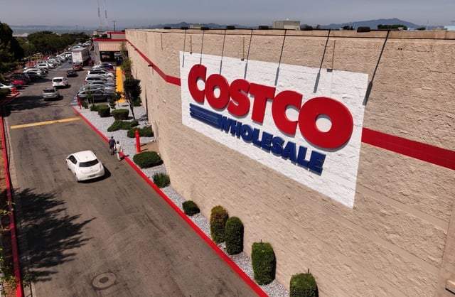 In an aerial view, the Costco logo is displayed on the exterior of a Costco store in Richmond, California on July 11, 2024.