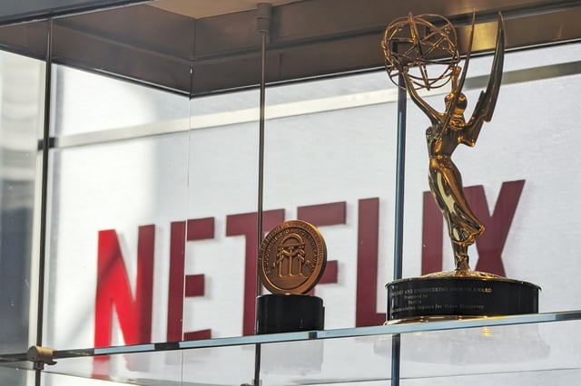 Awards, including an Emmy, are displayed at Netflix headquarters Los Gatos, Calif. on March 7, 2024. Netflix reports earnings on Thursday, July 18, 2024. (AP Photo/Mike Liedtke, File)