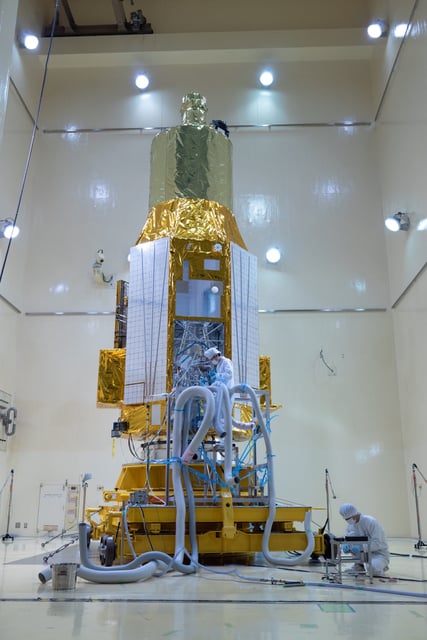 The XRISM spacecraft during acoustic testing at JAXA's Tsukuba Space Center in December 2022.
