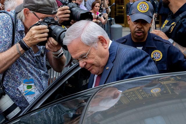 NEW YORK, NEW YORK - JULY 16: U.S. Sen. Bob Menendez (D-NJ) exits Manhattan federal court on July 16, 2024 in New York City. Menendez and his wife Nadine are accused of taking bribes of gold bars, a luxury car, and cash in exchange for using Menendez's position to help the government of Egypt and other corrupt acts according to an indictment from the Southern District of New York. The jury found Menendez guilty on all counts. (Photo by Adam Gray/Getty Images)