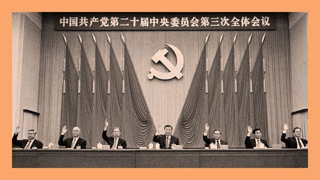 Members of the Politburo Standing Committee from left, , Li Xi, Cai Qi, Zhao Leji, Xi Jinping, Li Qiang, Wang Huning and Ding Xuexiang attend the third plenary session of the 20th Communist Party of China (CPC) Central Committee, Beijing.