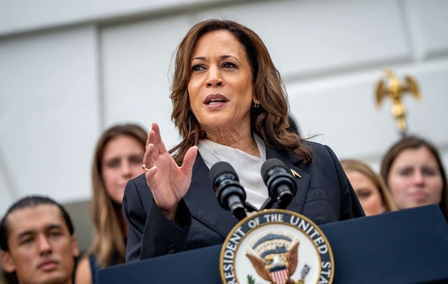 Vice President Kamala Harris speaks during an NCAA championship teams celebration on the South Lawn of the White House on July 22, 2024, in Washington, D.C.