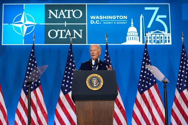 US President Joe Biden speaks at a news conference after the Nato Summit in Washington on July 11. Photo: AP