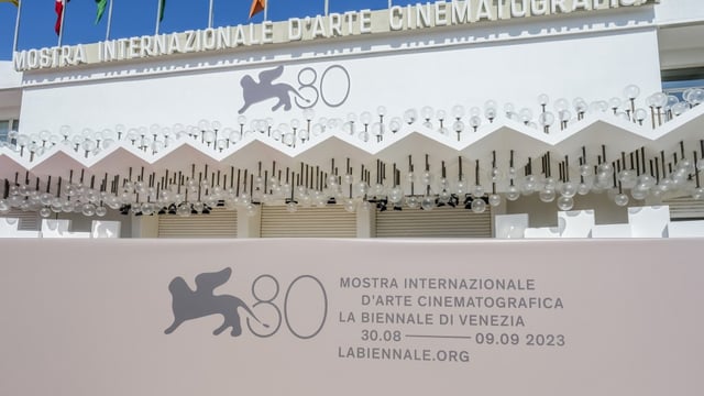 VENICE, ITALY - AUGUST 25: An event banner is displayed outside the "Palazzo del Cinema" ahead of the 80th Venice International Film Festival 2023 on August 25, 2023 in Venice, Italy. The 80th Venice International Film Festival, organized by La Biennale di Venezia and directed by Alberto Barbera, will be held at the Venice Lido from August 30 - September 9, 2023. (Photo by Stefano Mazzola/Getty Images)