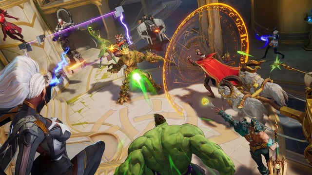 A variety of heroes fighting in Marvel Rivals