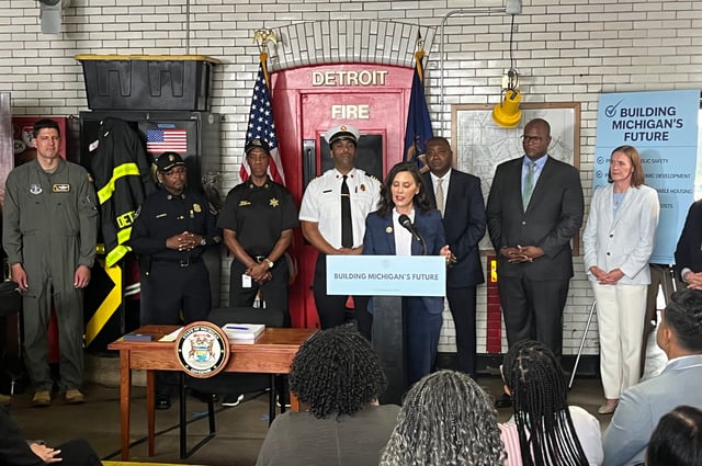 Gov. Gretchen Whitmer speaks during a press conference where she signed a $59.1 billion state spending plan for 2025 on Wednesday, July 24, 2024 at Engine 52 in Detroit.