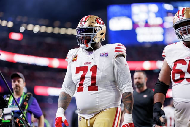 Trent Williams of the San Francisco 49ers walks off the field during Super Bowl LVIII against the Kansas City Chiefs at Allegiant Stadium on Feb. 11, 2024, in Las Vegas.