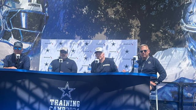 Chief Operating Officer Stephen Jones, head coach Mike McCarthy and owner Jerry Jones meet with the media prior to the start of the Dallas Cowboys’ training camp in Oxnard, Calif., on Thursday, July 25, 2024.