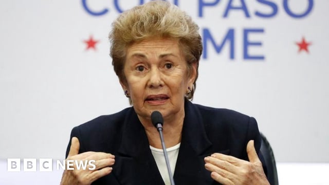 Former Panamanian President Mireya Moscoso, makes a statement in Panama City, Panama, 26 July 2024.