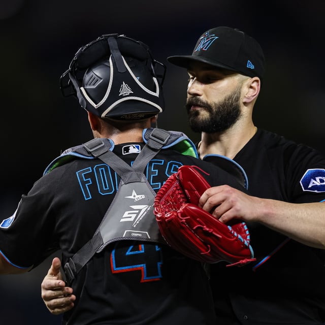 WASHINGTON, DC - SEPTEMBER 01: Tanner Scott #66 of the Miami Marlins celebrates with Nick Fortes #4 after the game against the Washington Nationals at Nationals Park on September 1, 2023 in Washington, DC. Six teams are interested in acquiring Scott ahead of the MLB trade deadline Tuesday.