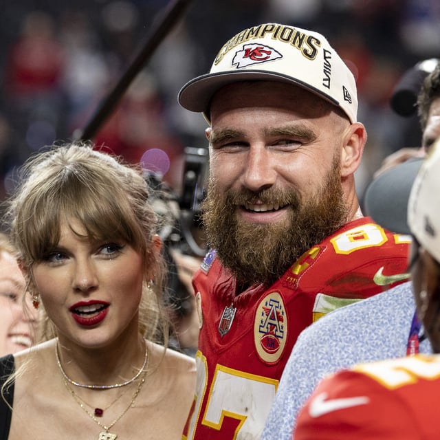 Travis Kelce #87 of the Kansas City Chiefs and Taylor Swift react as they see Mecole Hardman Jr. #12 of the Kansas City Chiefs following the NFL Super Bowl 58 football game between the San Francisco 49ers and the Kansas City Chiefs at Allegiant Stadium on February 11, 2024 in Las Vegas, Nevada. Kelce recently showed a little love to his girlfriend, Swift, at the Kansas City Chiefs training camp.