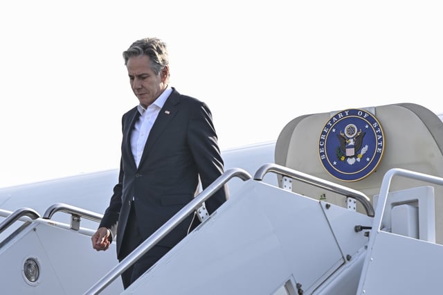 U.S. Secretary of State Antony Blinken arrives at Yokota Air Base in Fussa, western Tokyo, Sunday, July 28, 2024. (Kazuhiro Nogi/Pool Photo via AP)