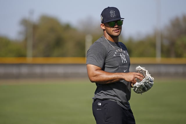 TAMPA, FL - MARCH 7: Jasson Dominguez of the New York Yankees during a spring training workout on March 7, 2022, at George M. Steinbrenner Field in Tampa, Florida. (Photo by New York Yankees/Getty Images)