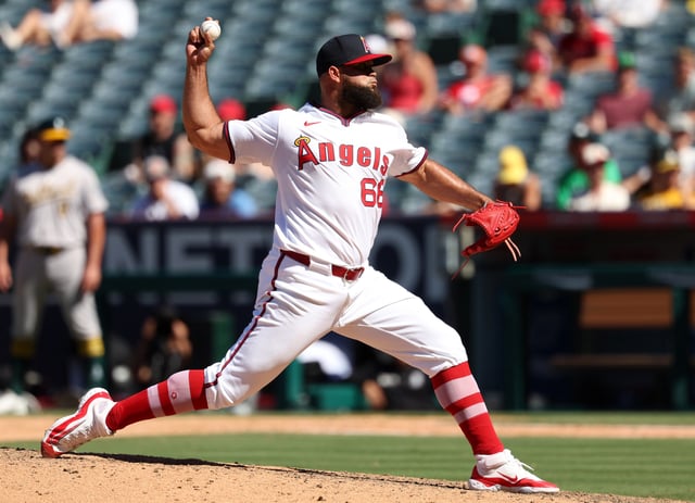 Los Angeles Angels reliever Luis Garcia fires a pitch during the ninth inning against the Oakland Athletics on Sunday. He was acquired by the Red Sox before Tuesday's trade deadline. Kiyoshi Mio/USA TODAY Sports