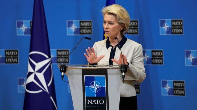 European Commission President Ursula von der Leyen speaks during a media conference at NATO headquarters in Brussels, Belgium, Feb. 24, 2022 (AP photo by Virginia Mayo).