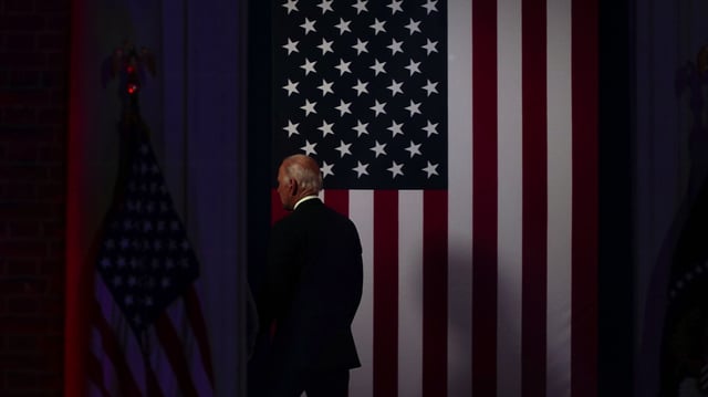 U.S. President Joe Biden leaves the stage after delivering a speech outside Independence Hall, in Philadelphia, Penn., Sept. 1, 2022 (AP photo by Matt Slocum).