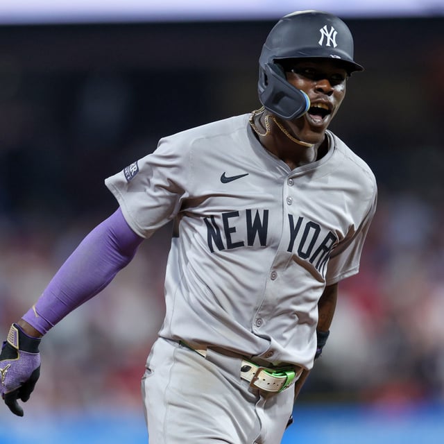 PHILADELPHIA, PENNSYLVANIA - JULY 30: Jazz Chisholm Jr #13 of the New York Yankees rounds the bases after hitting a three-run home run in the seventh inning against the Philadelphia Phillies at Citizens Bank Park on July 30, 2024 in Philadelphia, Pennsylvania. The Yankees defeated the Phillies 7-6.
Chisholm is loving New York.