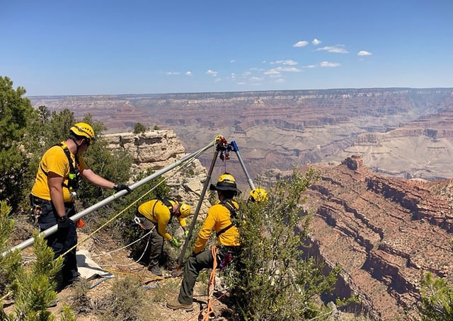 Responders manage a high angle technical rescue system on July 31, 2024, after a visitor fell from the rim of the Pipe Creek Overlook of the Grand Canyon.