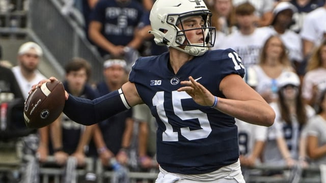 FILE - Penn State quarterback Drew Allar (15) looks to pass against Ohio during the second half of an NCAA college football game, Saturday, Sept. 10, 2022, in State College, Pa. Penn State opens their season at home against West Virginia on Sept. 2. (AP Photo/Barry Reeger, File)