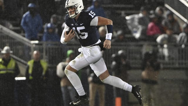 FILE - Penn State quarterback Drew Allar (15) scrambles during the second half of an NCAA college football game against Maryland, Saturday, Nov. 12, 2022, in State College, Pa. The former five-star quarterback recruit has not even officially won Penn State’s starting job yet, but glimpses of his game suggest he could be the star the Nittany Lions need to bust the recent Michigan/Ohio State monopoly in the Big Ten.(AP Photo/Barry Reeger, File)