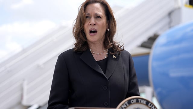 Vice President Kamala Harris delivers remarks at George Bush Intercontinental Airport, Thursday, Aug. 1, 2024, in Houston. (AP Photo/LM Otero)