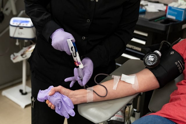 A blood donor at the American Red Cross on April 12, 2023 in Louisville, Ky.