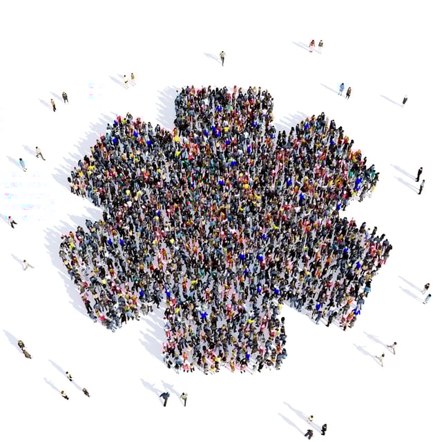 Large and creative group of people gathered together in the shape of a medical sign image. 3D illustration, isolated, white background.