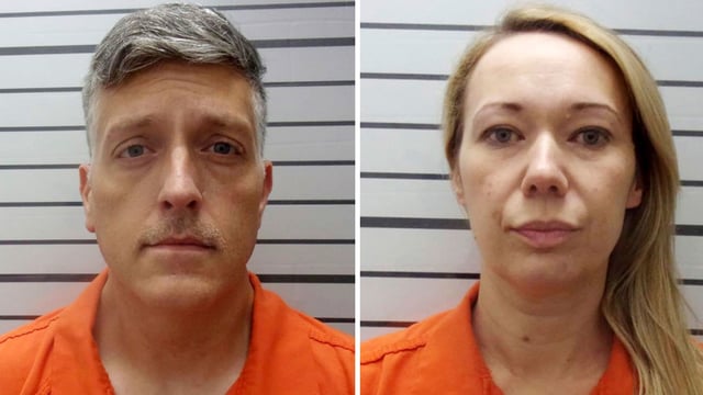 FILE - This combination of booking photos provided by the Muskogee County, Okla., Sheriff's Office shows Jon Hallford, left, and Carie Hallford, the owners of Return to Nature Funeral Home. The couple who owned the Colorado funeral home — where 190 decaying bodies were discovered last year — have been indicted on federal charges for fraudulently obtaining nearly $900,000 in pandemic relief funds from the U.S. government, according to court documents unsealed Monday, April 15, 2024. (Muskogee County Sheriff's Office via AP, File)