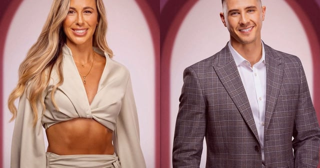 Catherine and Freddie in two separate photos, smiling ahead in front of a purple and light pink background.