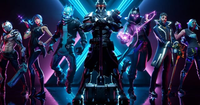 Official Fortnite artwork depicting several characters standing in front of a glowing blue 'X'.