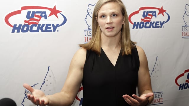 FILE - Three-time Olympic medalist Natalie Darwitz answers questions before being inducted into the U.S. Hockey Hall of Fame, Wednesday, Dec. 12, 2018, in Nashville, Tenn. Retired United States national team captain Natalie Darwitz and former Team Canada coach Daniele Sauvageau lead a list of four women and two men named general managers of the newly established Professional Women's Hockey League's Original Six franchises, Friday, Sept. 1, 2023. (AP Photo/Mark Humphrey, File)