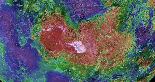 Ishtar Terra is a complex geological region on Venus. New research shows it may have formed through processes similar to Earth's. Image Credit: NASA/JPL/USGS – http://photojournal.jpl.nasa.gov/catalog/PIA00007, Public Domain, https://commons.wikimedia.org/w/index.php?curid=18235544