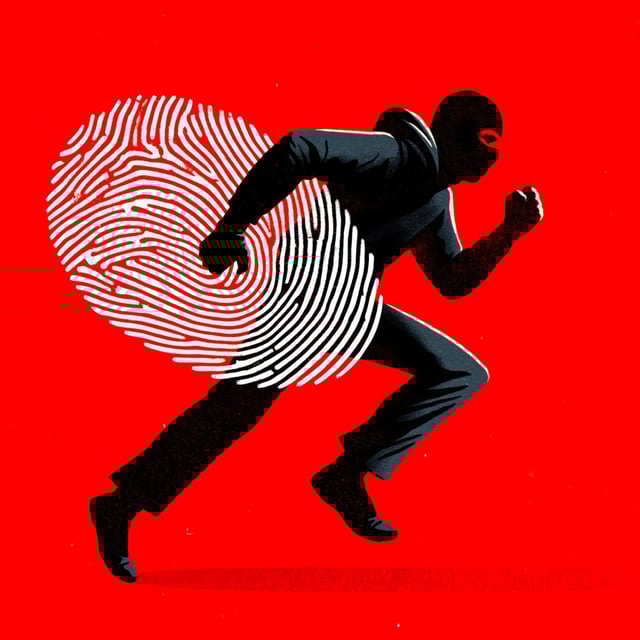 An illustration of a silhouetted thief in motion running while carrying a stolen fingerprint.