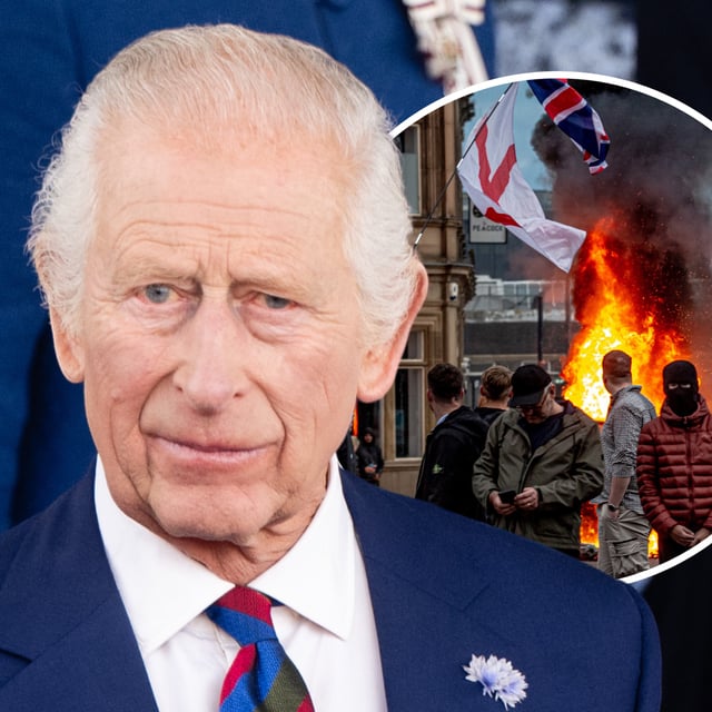 King Charles III photographed in Wales, July 11, 2024. And (inset) far-right protestors photographed in Sunderland, England, August 2, 2024. The monarch's delay in issuing a statement about the protests and riots has raised criticism.