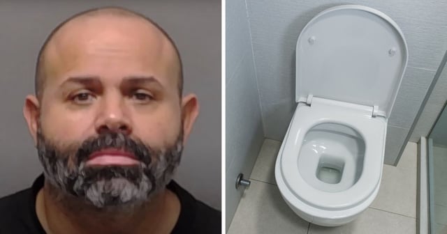 (L) This YouTube screen shot shows the mugshot of Texas man Paul Moses Alden, who is accused by authorities for planting explosives in gas station bathrooms. (R) This Getty stock image shows a toilet. (KENS 5: Your San Antonio News Source / Getty Images ; Aleksandr Zubkov / Getty Images)